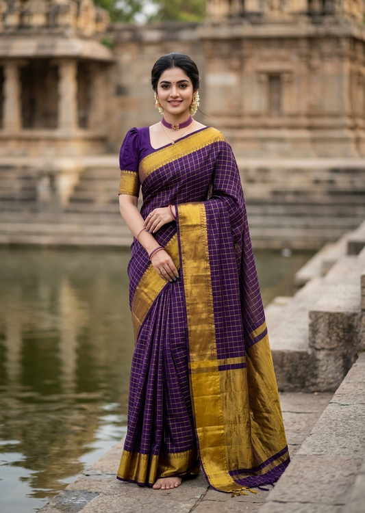 Southloom Kerala Semi Silk Saree With Check Design In Purple