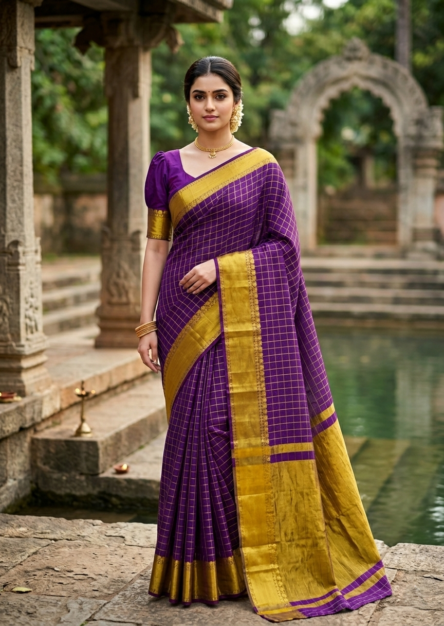 Southloom Kerala Semi Silk Saree With Check Design In Violet