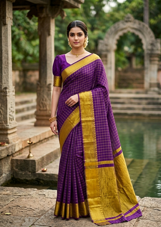 Southloom Kerala Semi Silk Saree With Check Design In Violet
