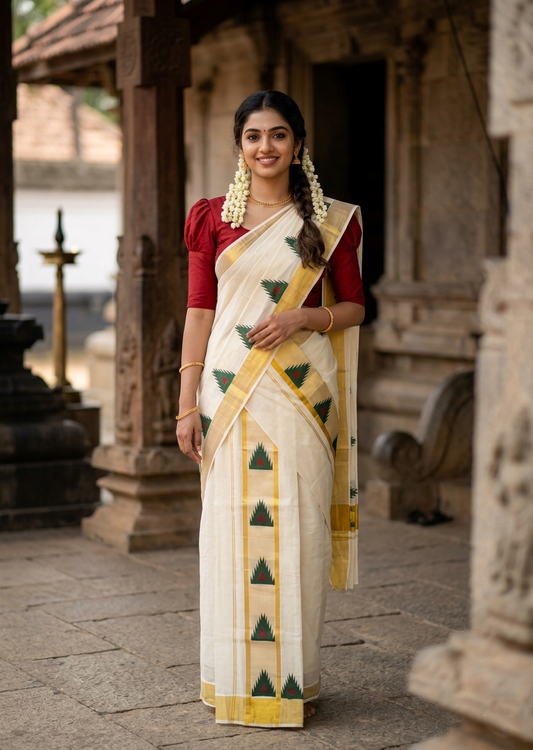 Southloom Pure Cotton Set Mundu with Gold Kasavu and Temple Digital Print in Green and Maroon 2.80 Mtrs SL369