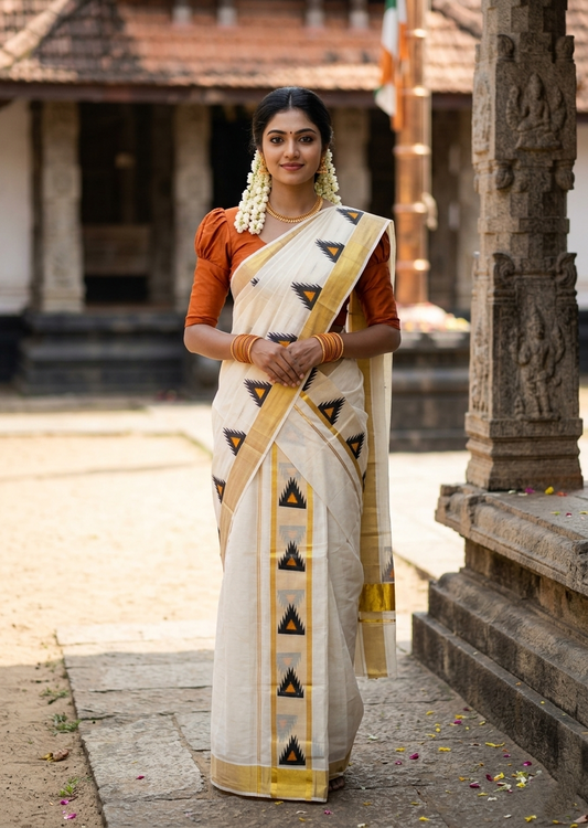 Southloom Pure Cotton Set Mundu with Gold Kasavu and Temple Digital Print in Black and Orange 2.80 Mtrs SL369