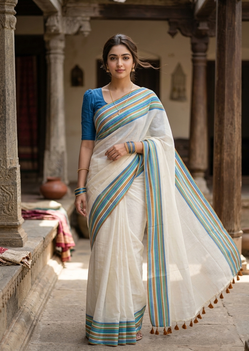 Southloom Mul Cotton 120 x 120 Soft Fabric Saree Multicolour SL215