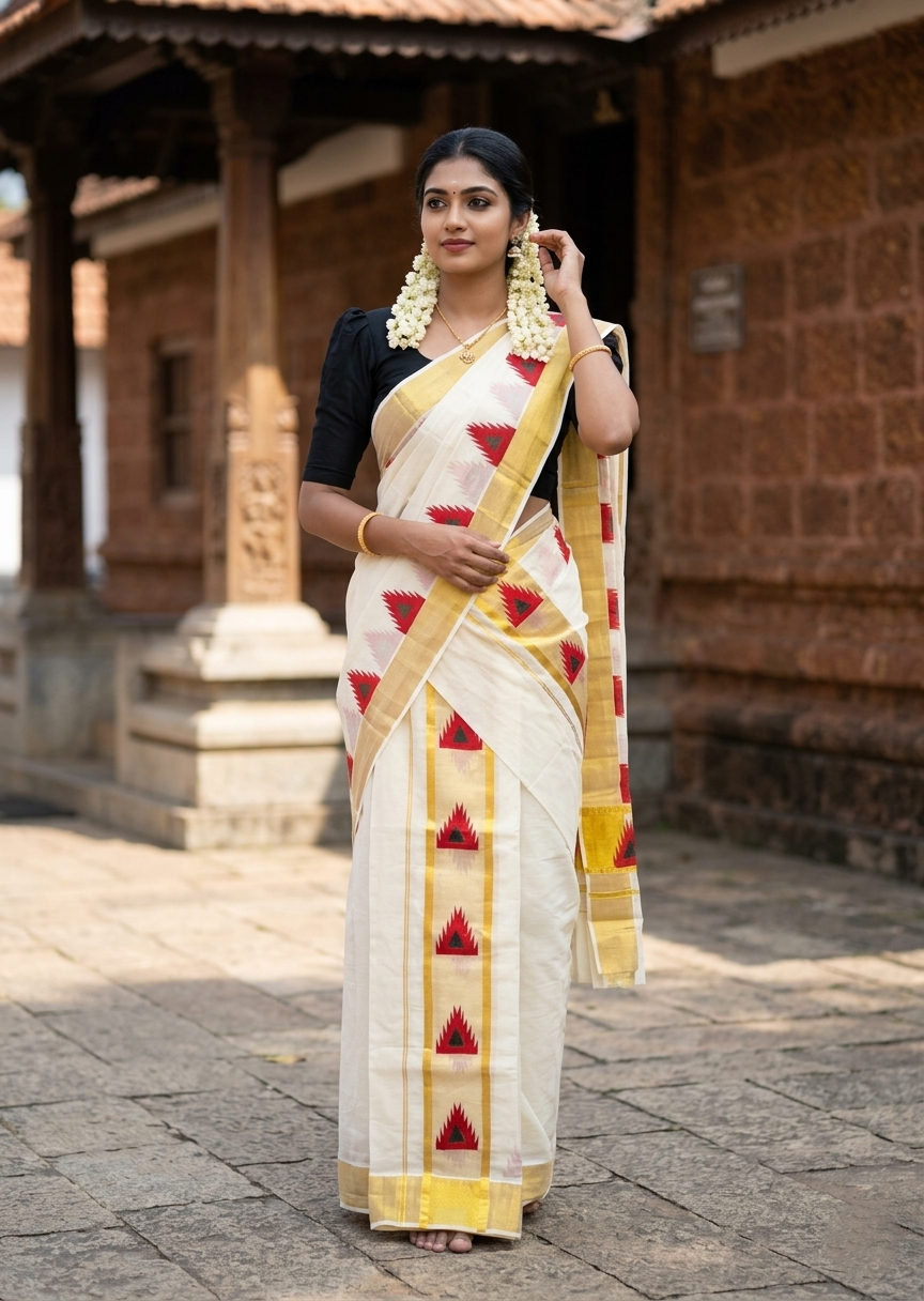 Southloom Pure Cotton Set Mundu with Gold Kasavu and Temple Digital Print in Red and Black 2.80 Mtrs SL369