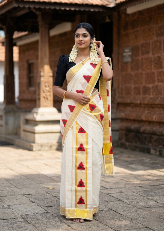 Southloom Pure Cotton Set Mundu with Gold Kasavu and Temple Digital Print in Red and Black 2.80 Mtrs SL369