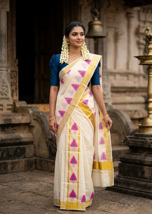 Southloom Pure Cotton Set Mundu with Gold Kasavu and Temple Digital Print in Pink and Blue 2.80 Mtrs SL369