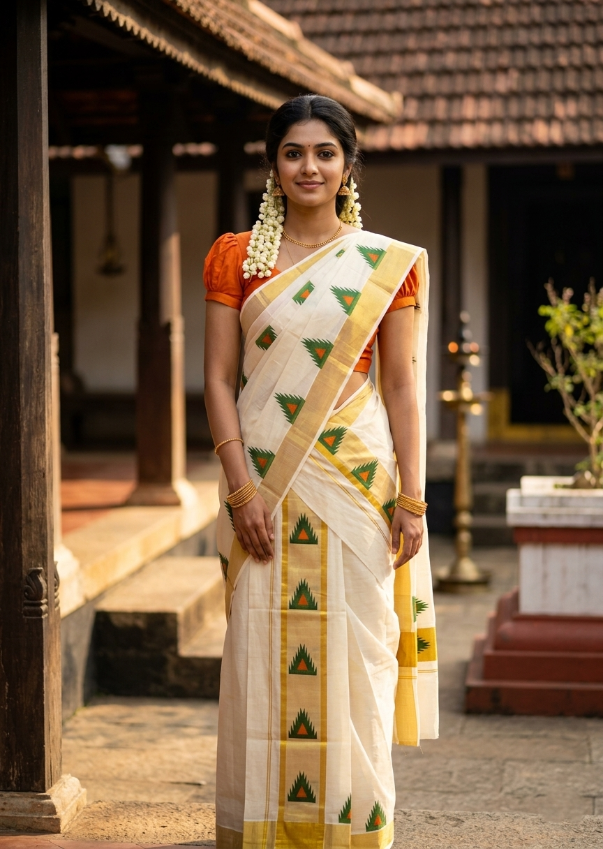 Southloom Pure Cotton Set Mundu with Gold Kasavu and Temple Digital Print in Green and Orange 2.80 Mtrs SL369