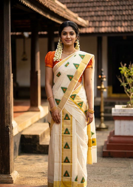Southloom Pure Cotton Set Mundu with Gold Kasavu and Temple Digital Print in Green and Orange 2.80 Mtrs SL369