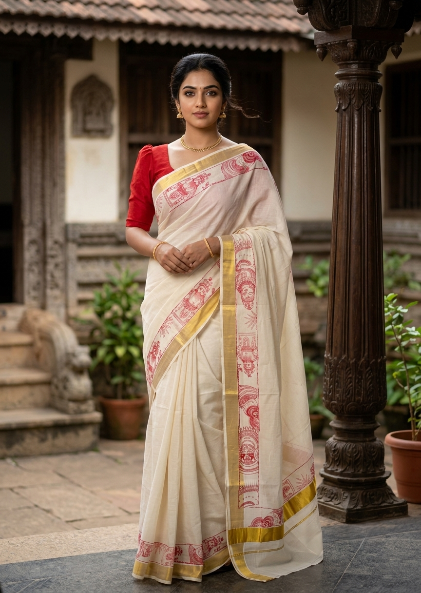 Southloom Cotton Kerala Kasavu Saree with Theyyam Mural Painted Design In Red SL486