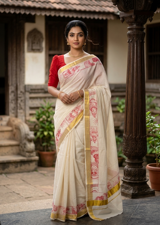 Southloom Cotton Kerala Kasavu Saree with Theyyam Mural Painted Design In Red SL486