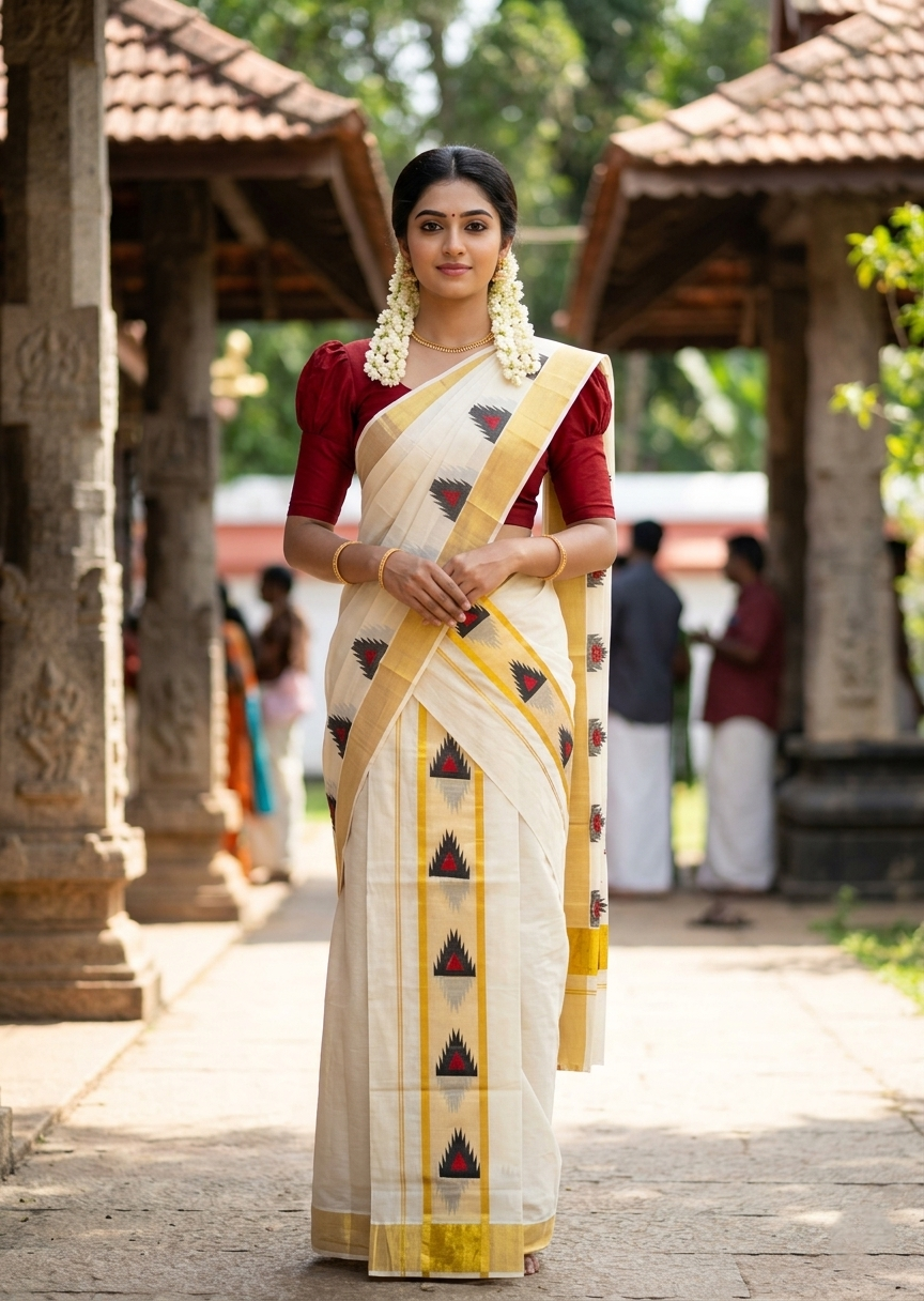 Southloom Pure Cotton Set Mundu with Gold Kasavu and Temple Digital Print in Black and Red 2.80 Mtrs SL369