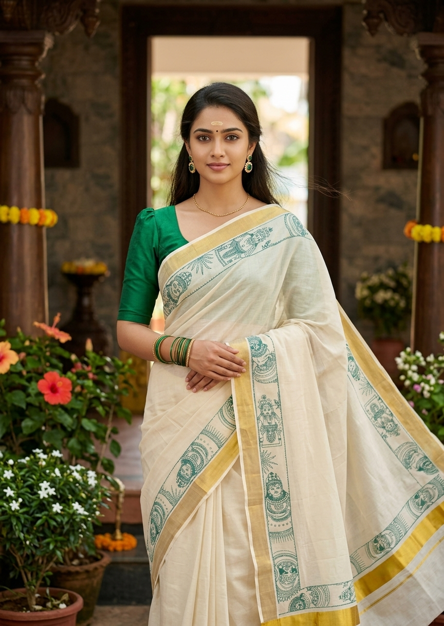 Southloom Cotton Kerala Kasavu Saree with Theyyam Mural Painted Design In Green SL486