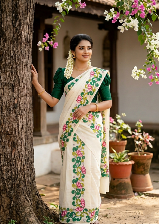 Southloom Cotton Single Set Mundu (Mundu Neriyathum) With Floral Print in 2.80 Mtrs With Green SL389