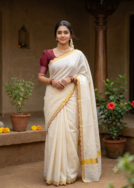 Southloom Pure Cotton Kerala Kasavu Saree with Stripes on Body and Scalloped Border in Maroon SL484