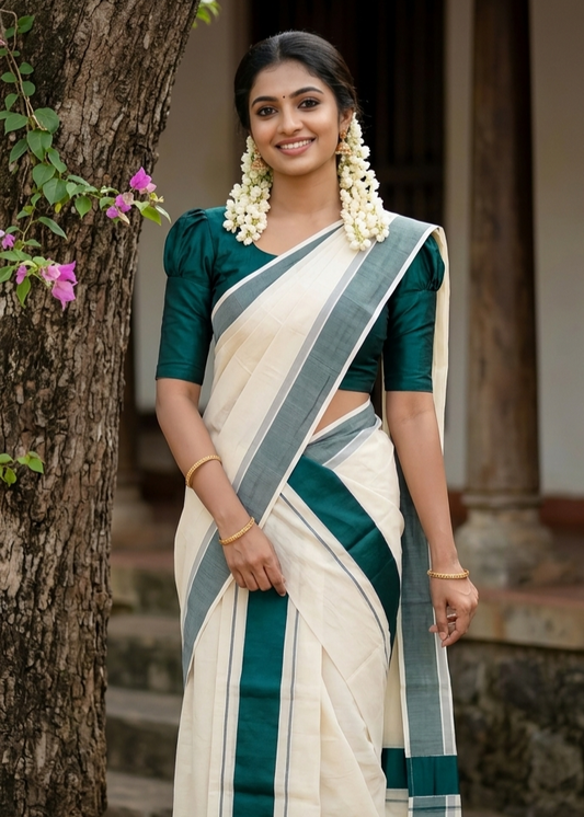 Southloom Kerala Cotton Mundum Neriyathum Single (Set Mundu) with Katti Kara in Green 2.80 Mtrs SL004