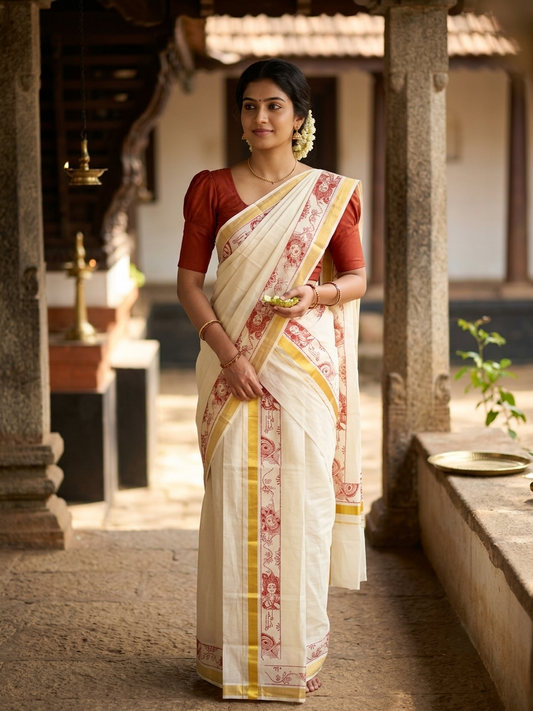 Southloom Kerala Cotton Single Set Mundu (Mundum Neriyathum) with Mural Digital Print And Gold Kasavu Border In Red 2.80 mtr SL486