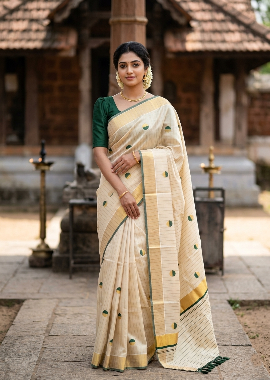Southloom Kerala Tissue Kasavu Saree with Polka Embroidery Works on Body in Green