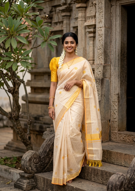 Kerala Tissue Lines Saree With Floral Embroidery Work on The Body In Yellow SL312