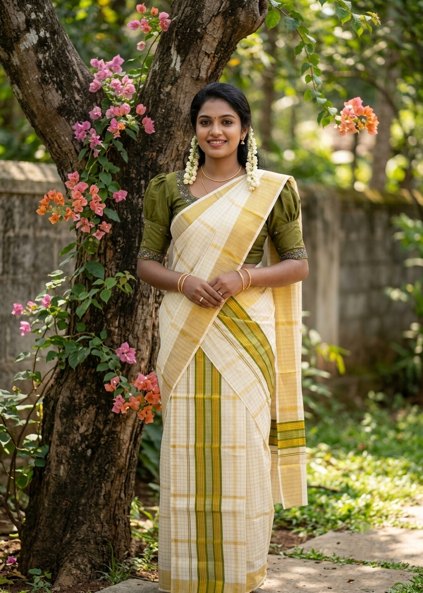 Southloom Pure Cotton Set Mundu with Gold Kasavu Check Across Body in Olive Green SL399