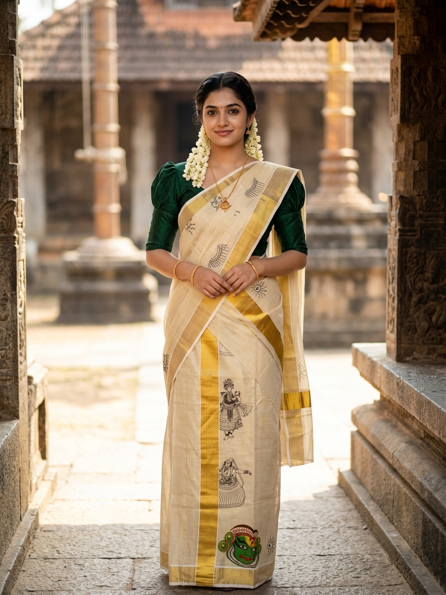 Southloom Kerala Tissue Set Mundu (Mundum Neriyathum) with Kadhakali Printed Design SL494