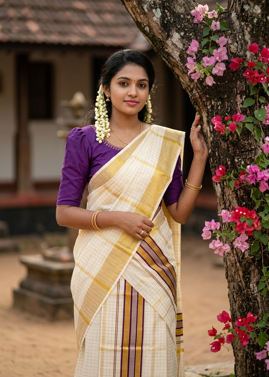 Southloom Pure Cotton Set Mundu with Gold Kasavu Check Across Body in Purple SL399
