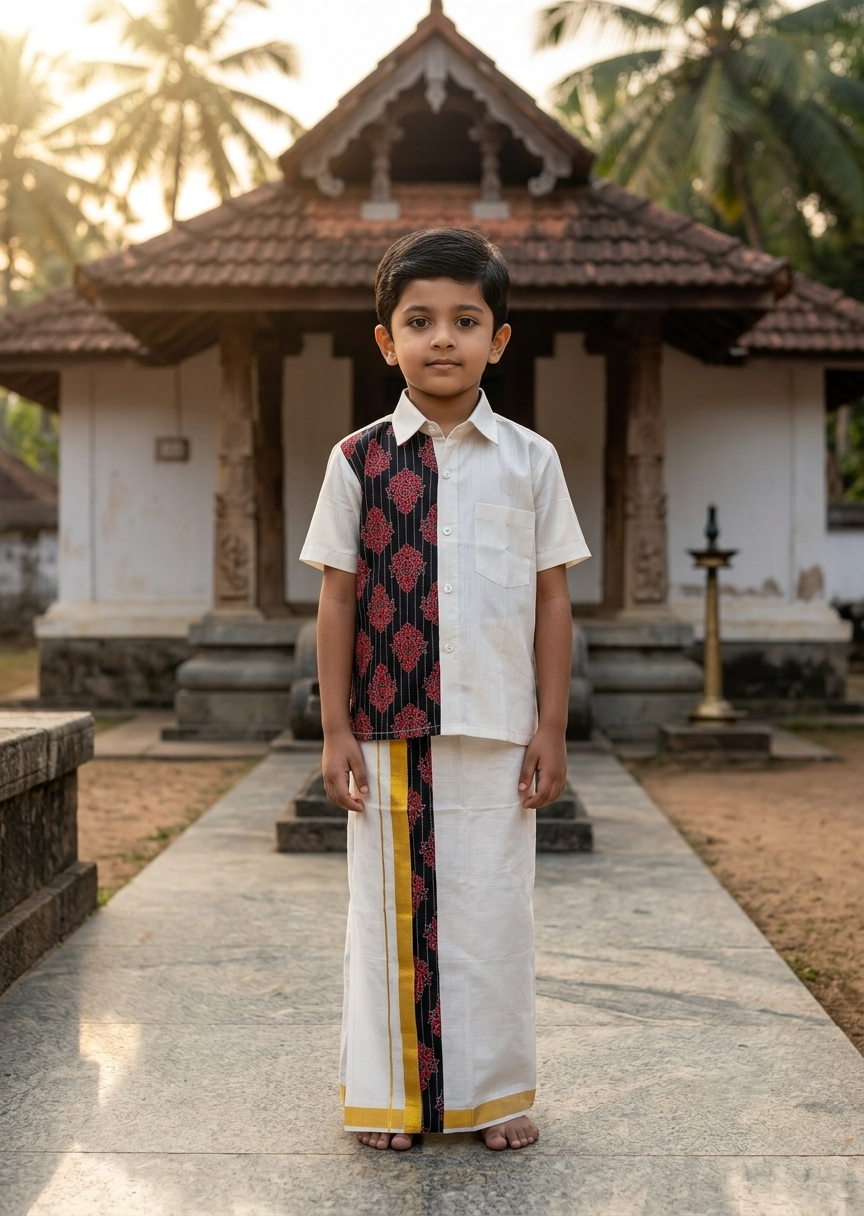 Southloom Tissue Ajrakh Printed Kids's Combo (Shirt + Velcro Mund )