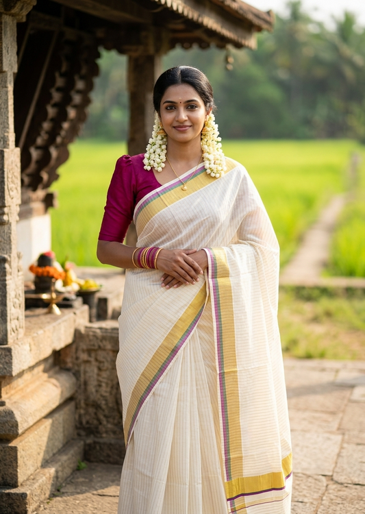 Southloom Kerala Cotton Kasavu Saree with Stripes on Body In Magenta & Green Border SL505