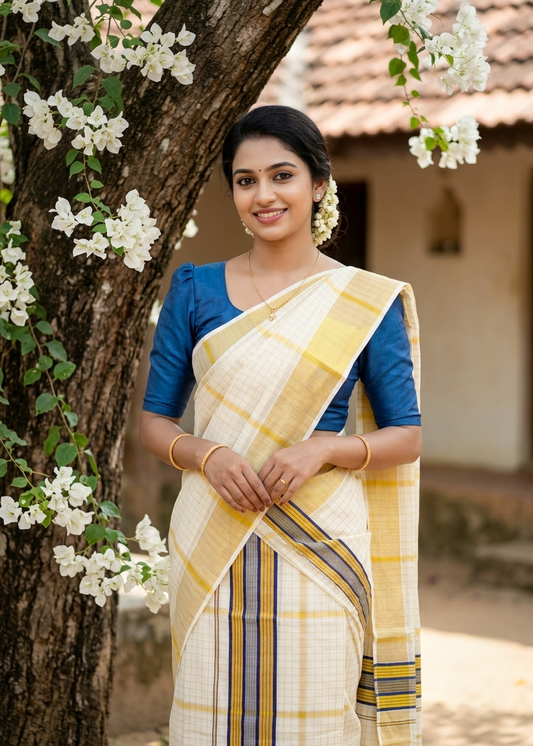 Southloom Pure Cotton Set Mundu with Gold Kasavu Check Across Body in Blue SL399
