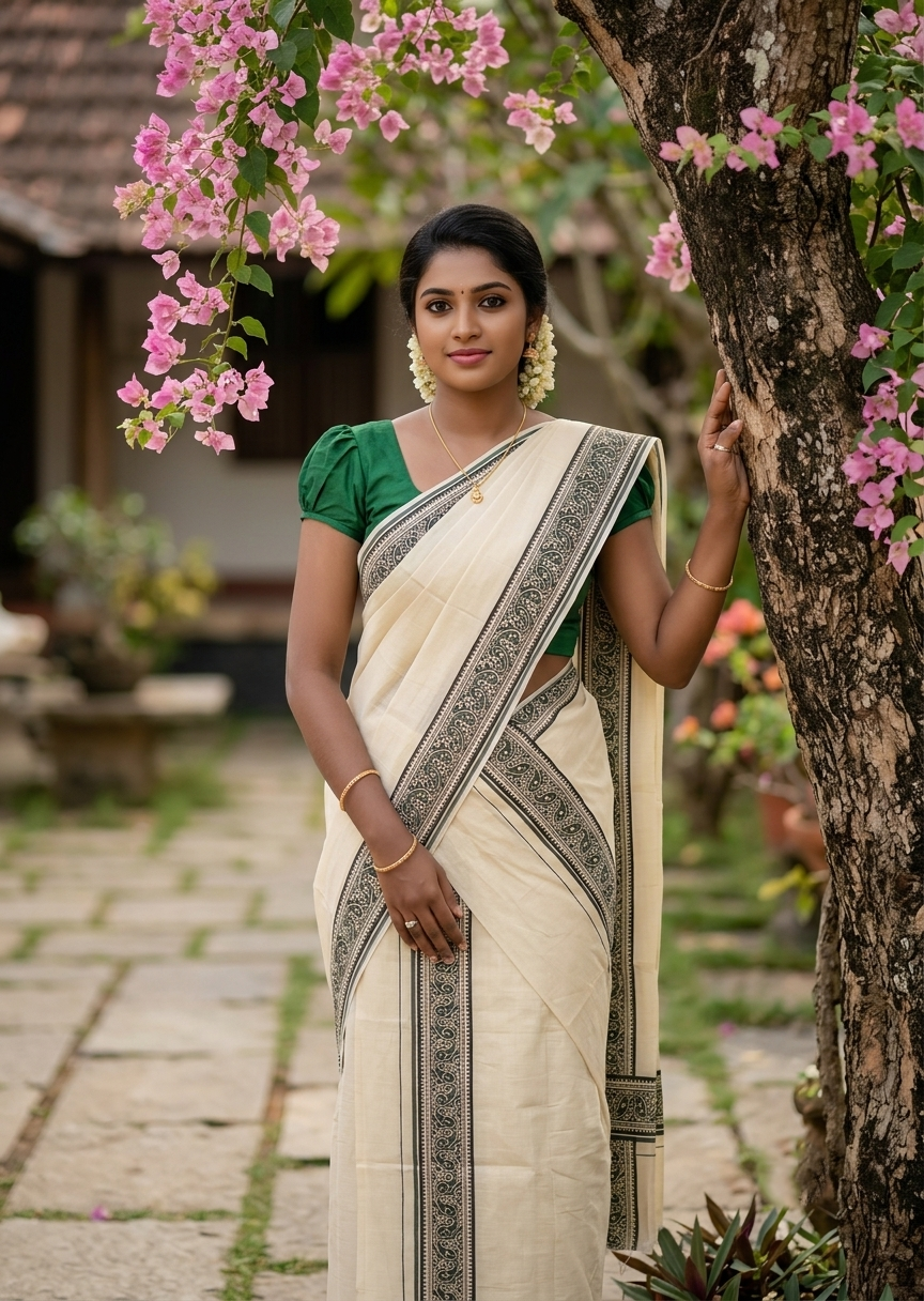 Southloom Tissue Single Set Mundu (Mundu Neriyathum) With Digital Print in Green 2.80 Mtrs SL396
