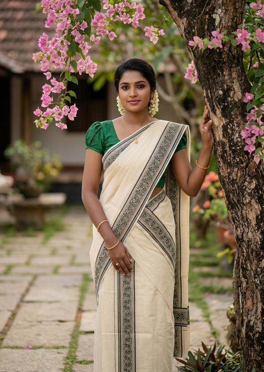 Southloom Tissue Single Set Mundu (Mundu Neriyathum) With Digital Print in Green 2.80 Mtrs SL396