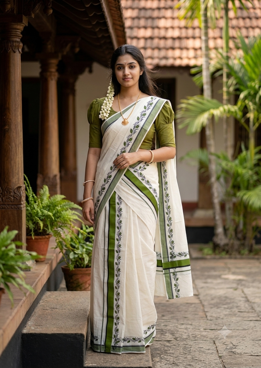 Southloom Pure Cotton Kerala Single Set Mundu (Mundum Neriyathum) with Digital Prints in Olive Green 2.75 Mtrs SL538