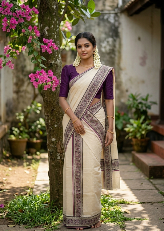 Southloom Tissue Single Set Mundu (Mundu Neriyathum) With Digital Print in Purple 2.80 Mtrs SL396