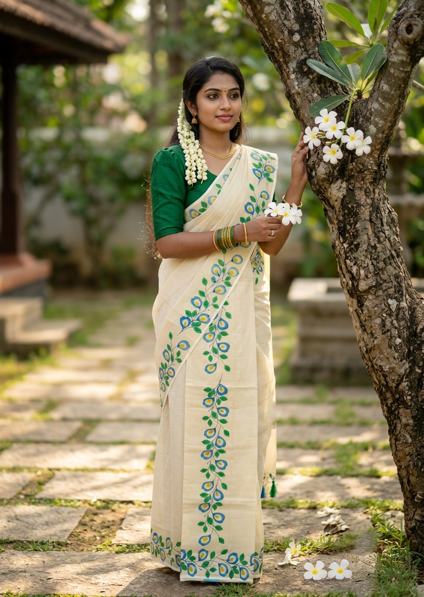 Southloom Tissue Single Set Mundu (Mundu Neriyathum) With Digital Floral Print in Blue and Green 2.80 Mtrs SL318