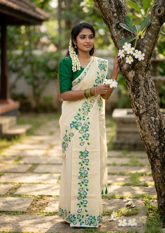 Southloom Tissue Single Set Mundu (Mundu Neriyathum) With Digital Floral Print in Blue and Green 2.80 Mtrs SL318