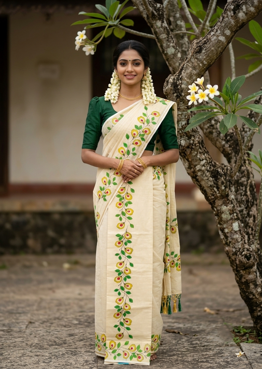 Southloom Tissue Single Set Mundu (Mundu Neriyathum) With Digital Floral Print in Yellow and Green 2.80 Mtrs SL318
