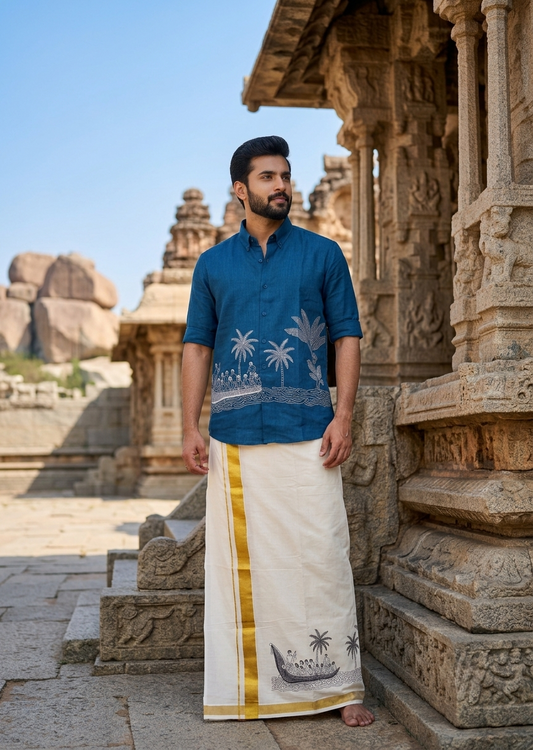 Southloom Linen Cotton Onam Embroidery Design Men's Combo In Peacock Blue (Shirt + Mundu) SLCOMBO SL555