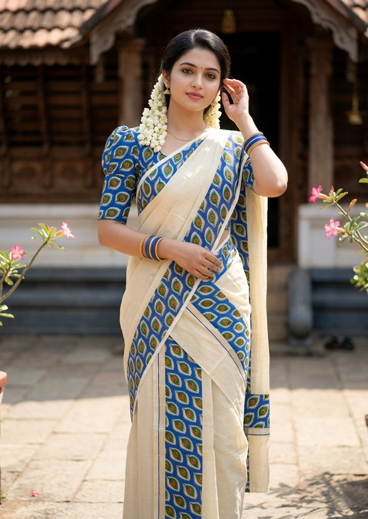 Southloom Tissue Single Set Mundu (Mundu Neriyathum) With Peacock Feather Digital Print in Blue (With Blouse Piece) 2.80 Mtrs SL409