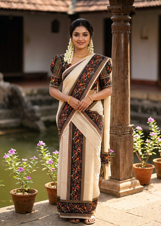 Southloom Tissue Single Set Mundu (Mundu Neriyathum) With Digital Print in Black (With Blouse Piece) 2.80 Mtrs SL409
