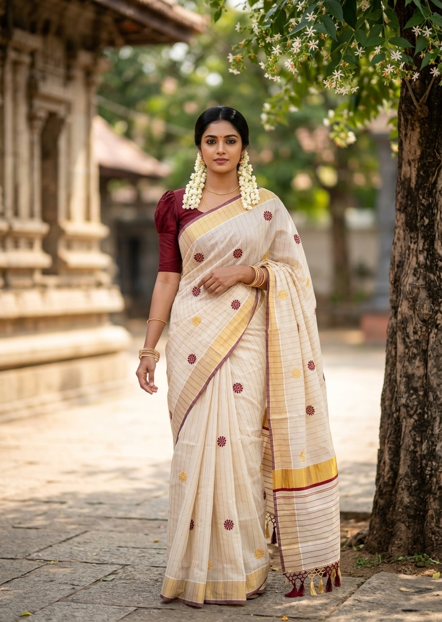 Kerala Tissue Lines Saree With Floral Embroidery Work on The Body In Maroon SL312