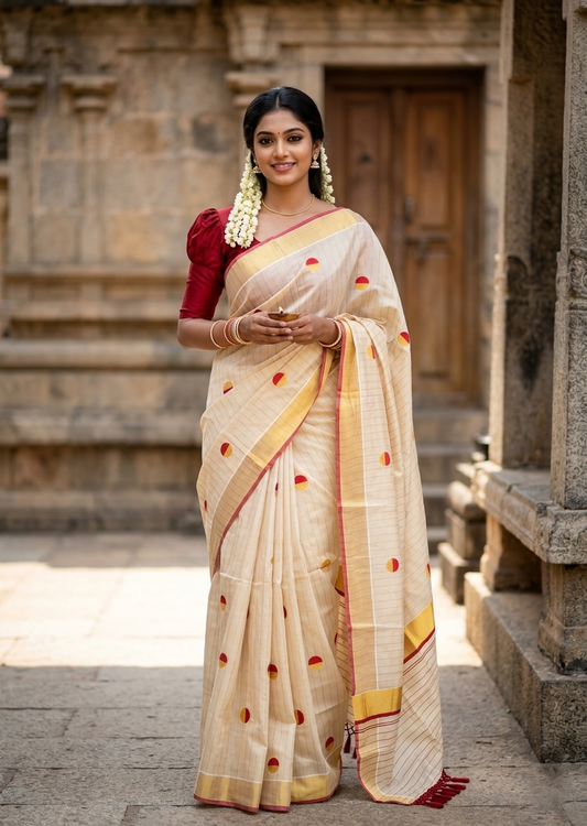 Southloom Kerala Tissue Kasavu Saree with Polka Embroidery Works on Body in Red