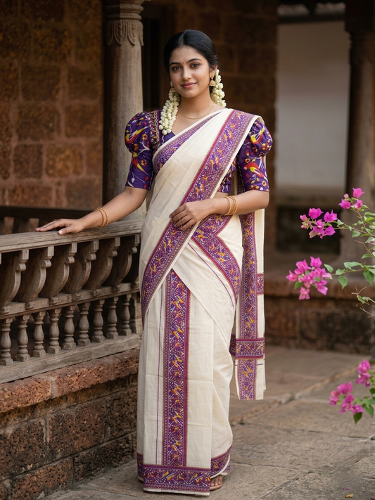 Southloom Tissue Single Set Mundu (Mundu Neriyathum) With Digital Print in Violet (With Blouse Piece) 2.80 Mtrs SL409