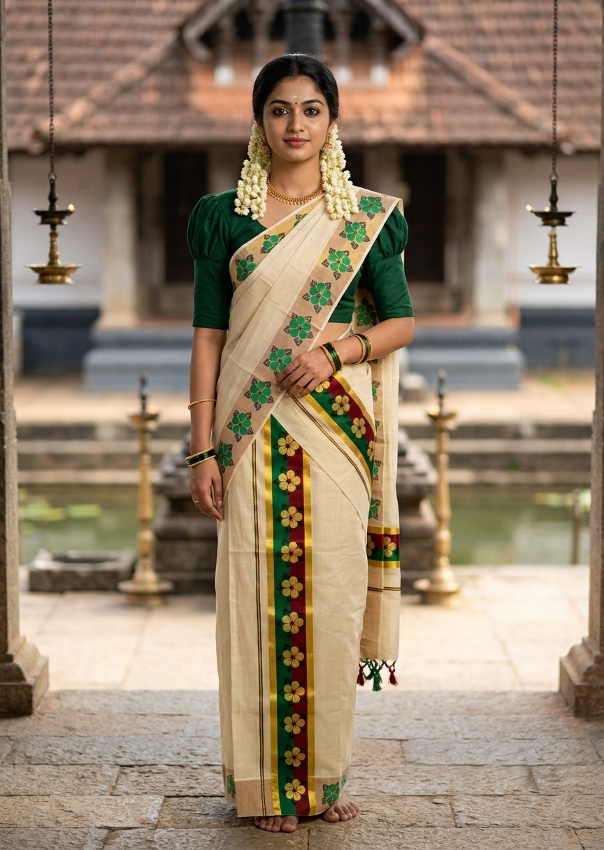Kerala Pure Tissue Set Mundu Single (Mundum Neriyathum) with Floral Prints on Gold Kasavu Border in 2.80 Mtrs SL569