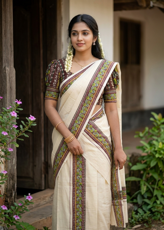 Southloom Tissue Single Set Mundu (Mundu Neriyathum) With Digital Floral Print in Brown (With Blouse Piece) 2.80 Mtrs SL409