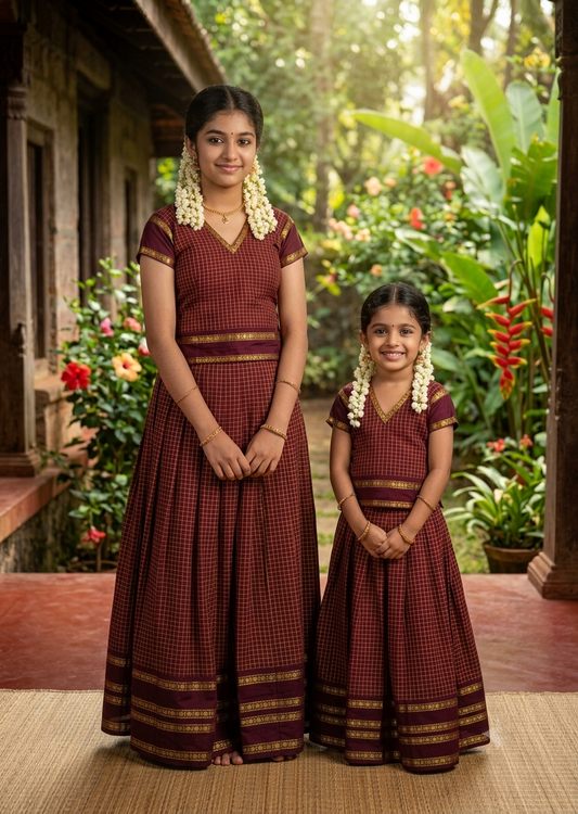 Southloom Kerala Cotton Kasavu Pavada Blouse with for Kids in Maroon SL583