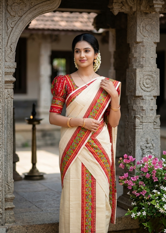 Southloom Tissue Single Set Mundu (Mundu Neriyathum) With Digital Print in Red (With Blouse Piece) 2.80 Mtrs SL409