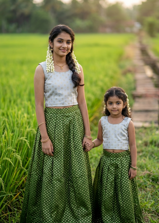 Southloom Kerala Cotton Kasavu Pavada Blouse In olive Green for Kids SL587