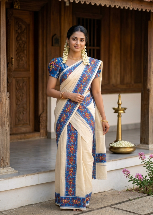 Southloom Tissue Single Set Mundu (Mundu Neriyathum) With Digital Print in Blue (With Blouse Piece) 2.80 Mtrs SL409