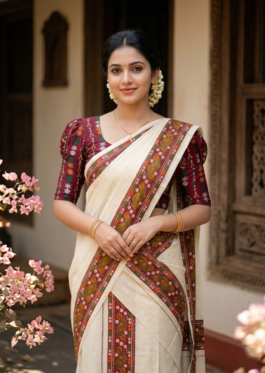 Southloom Tissue Single Set Mundu (Mundu Neriyathum) With Digital Floral Print in Maroon (With Blouse Piece) 2.80 Mtrs SL409