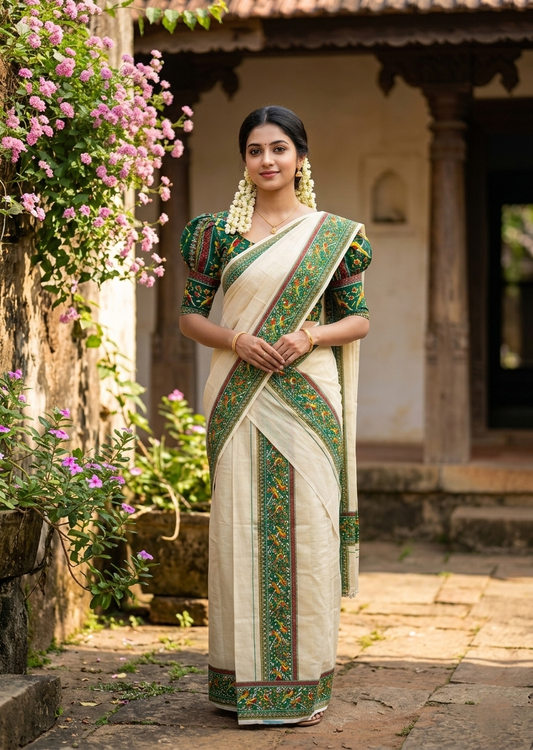 Southloom Tissue Single Set Mundu (Mundu Neriyathum) With Digital Print in Green (With Blouse Piece) 2.80 Mtrs SL409