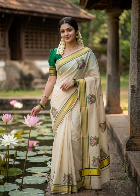Southloom Kerala Tissue Kasavu Saree with Parrot and Lotus Digital Prints on Border SL428