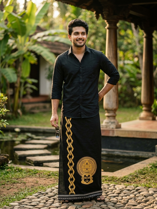 Southloom Black Printed Single Mundu / Otta Mundu / Lungi (South Indian Kerala Dhoti) with Kathakali Print SL580